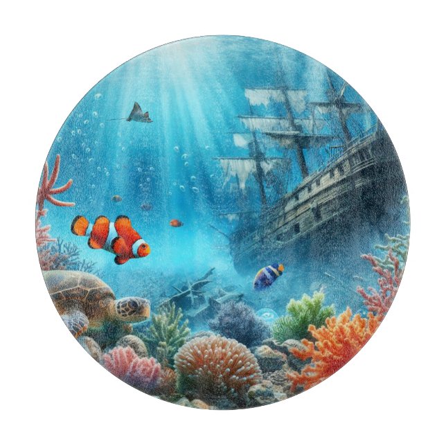 Under the sea, turtle, coral, ship, clown fish cutting board (Front)