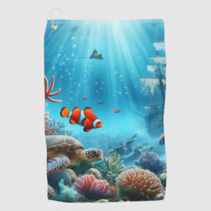 Under the sea, turtle, coral, ship, clown fish golf towel