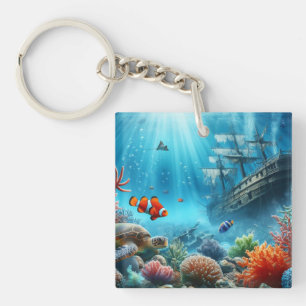 Under the sea, turtle, coral, ship, clown fish key ring