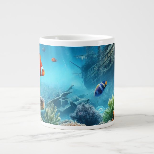 Under the sea, turtle, coral, ship, clown fish large coffee mug (Front)