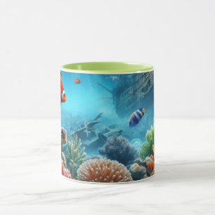 Under the sea, turtle, coral, ship, clown fish mug