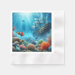 Under the sea, turtle, coral, ship, clown fish napkin
