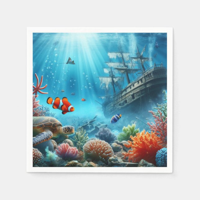Under the sea, turtle, coral, ship, clown fish napkin (Front)