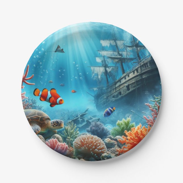 Under the sea, turtle, coral, ship, clown fish paper plate (Front)