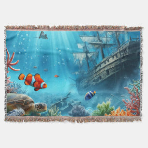 Under the sea, turtle, coral, ship, clown fish throw blanket