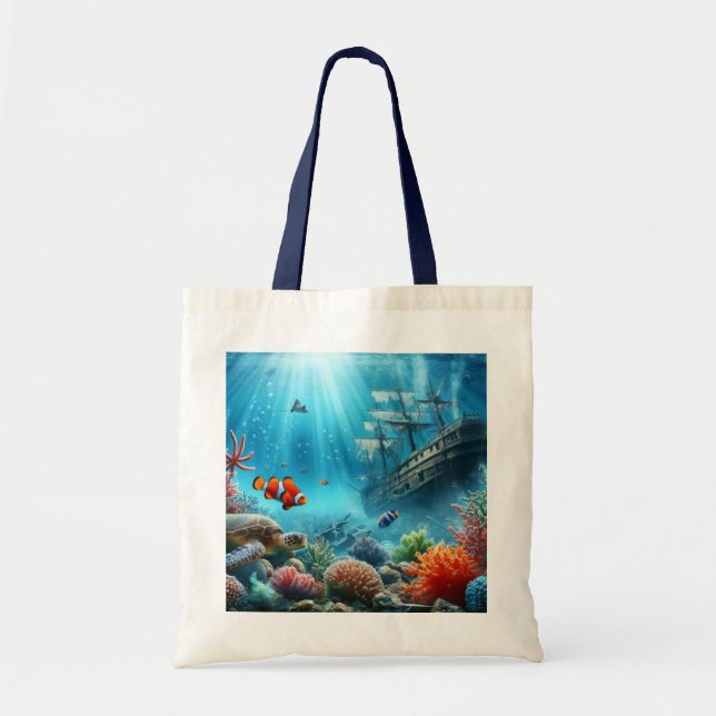 Under the sea, turtle, coral, ship, clown fish tote bag (Front)