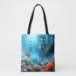 Under the sea, turtle, coral, ship, clown fish tote bag
