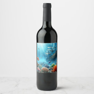 Under the sea, turtle, coral, ship, clown fish wine label