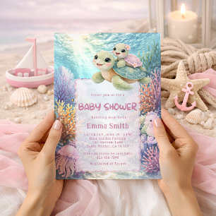 Under the Sea Turtle Mom & Baby Girl Baby Shower Invitation