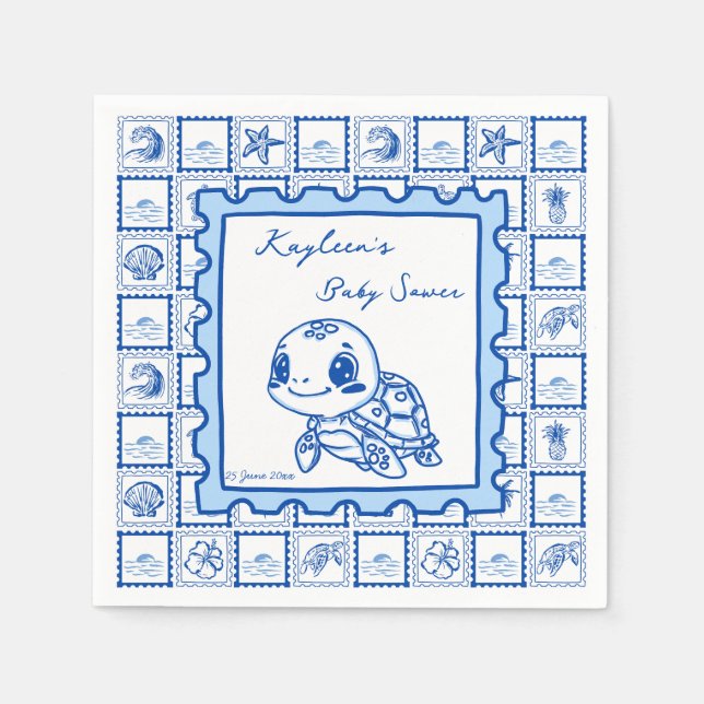 Under the sea turtle retro post stamp monogrammed napkin (Front)