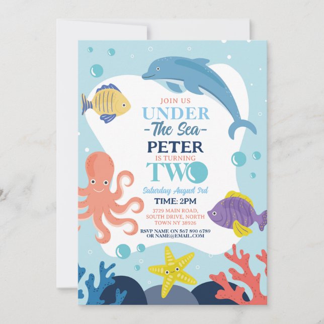 Under The Sea TWO Ocean Dolphin Octopus 2nd Invitation (Front)