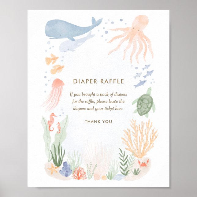 Under the Sea Watercolor Baby Shower Diaper Raffle Poster (Front)