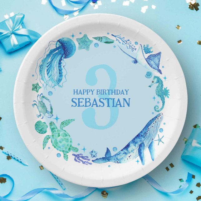 Under the Sea Watercolor Blue 3rd Birthday Paper Plate (Under the Sea Watercolor Blue 3rd Birthday Paper Plates)