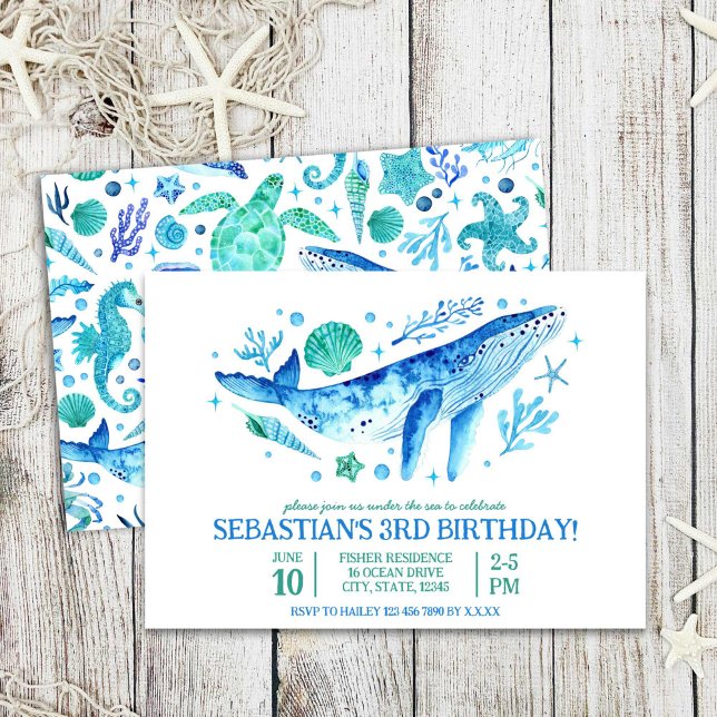 Under The Sea Watercolor Blue Whale 3rd Birthday Invitation (Under The Sea Watercolor Blue Whale 3rd Birthday Invitation)