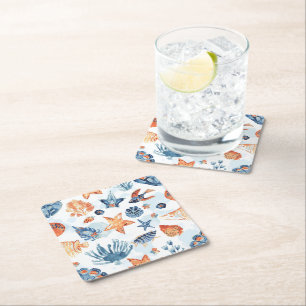 Under the Sea   Watercolor Coral Ocean Animals Square Paper Coaster