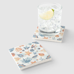 Under the Sea   Watercolor Coral Ocean Animals Stone Coaster