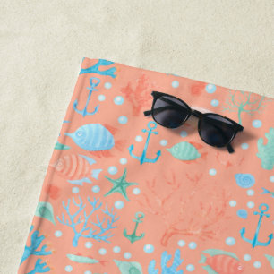Under the Sea Watercolor Coral Pink Beach Towel