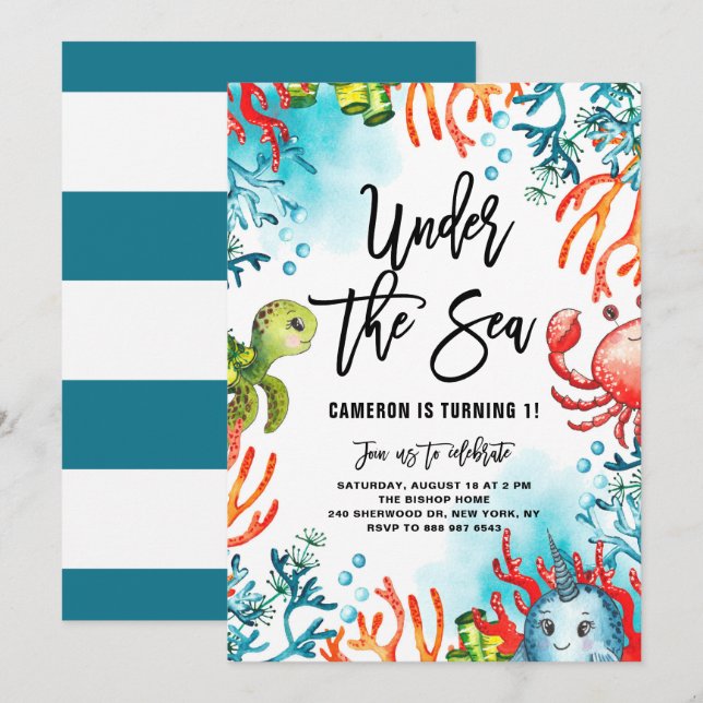 Under the Sea Watercolor Friends Kids Birthday Invitation (Front/Back)
