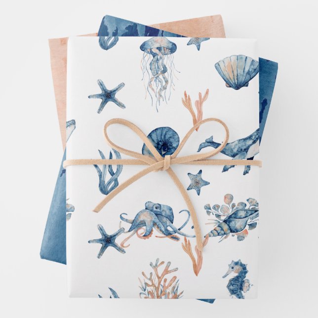 Under-the-Sea Watercolor Gift Wrapping Paper Sheet (In situ)