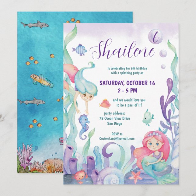Under The Sea Watercolor Mermaid Birthday Party Invitation (Front/Back)