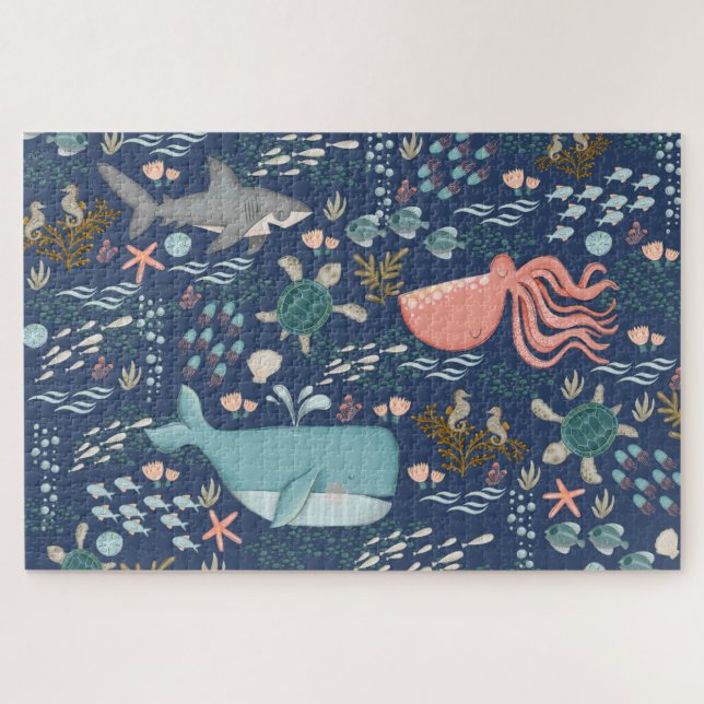 Under the Sea Watercolor Ocean Animals Art Jigsaw Puzzle (Horizontal)