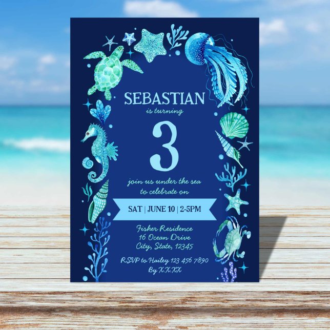Under The Sea Watercolor Ocean Animals Navy Blue Invitation (Under The Sea Watercolor Ocean Animals Navy Blue Invitation)