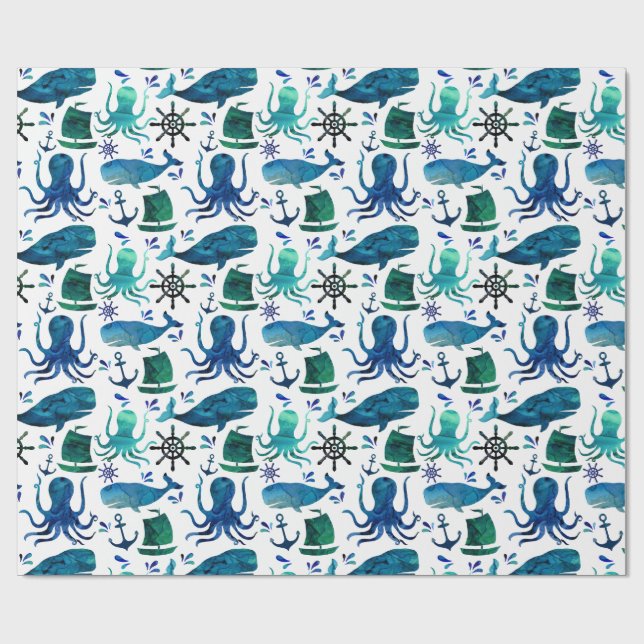 Under The Sea Watercolor Ocean Marine Nautical Wrapping Paper (Flat)