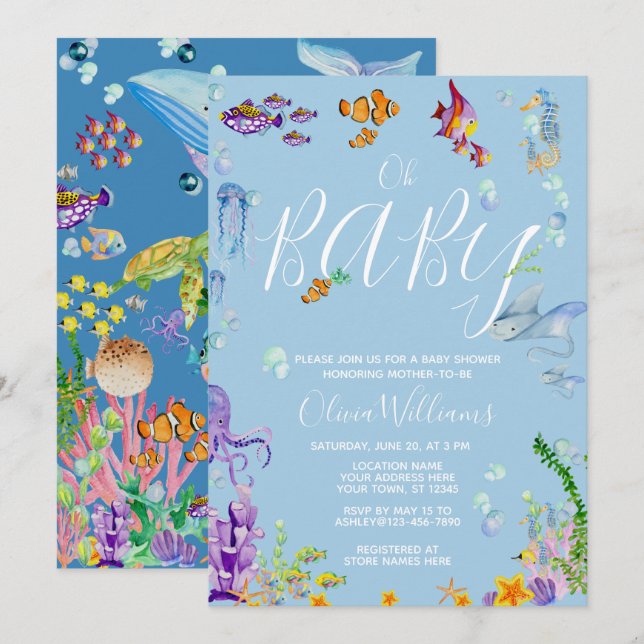 Under the Sea Watercolor Oh Baby Shower Invitation (Front/Back)