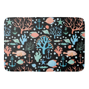 Under the Sea Watercolor Pattern Dark  Bath Mat