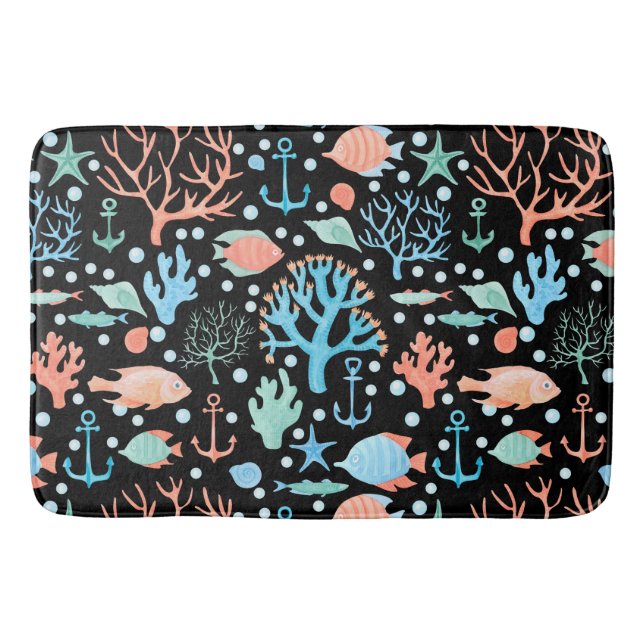 Under the Sea Watercolor Pattern Dark  Bath Mat (Front)