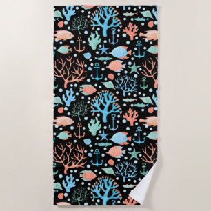 Under the Sea Watercolor Pattern Dark Beach Towel