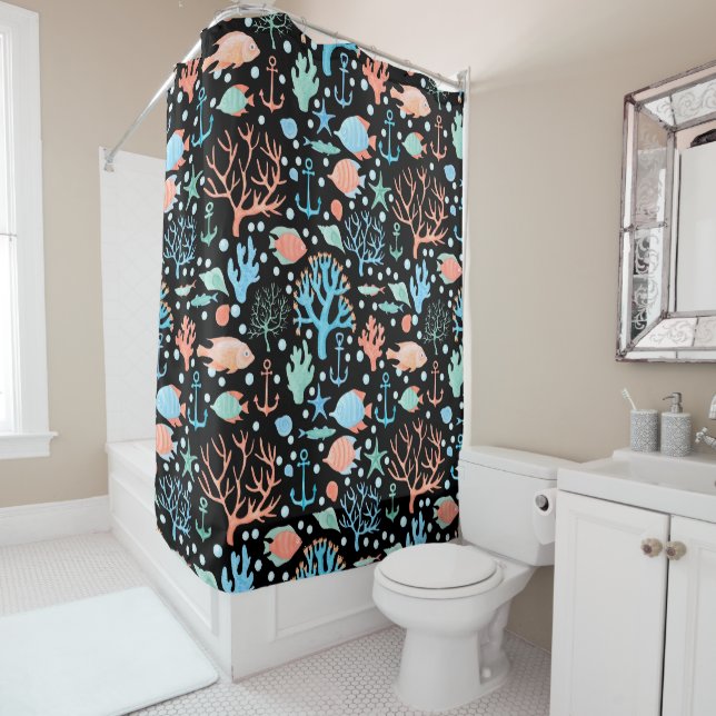 Under the Sea Watercolor Pattern Dark Shower Curtain (In Situ)