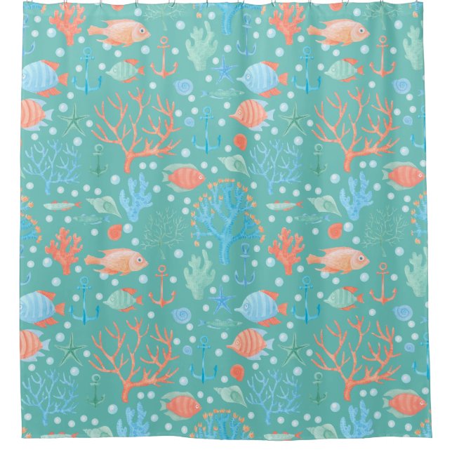 Under the Sea Watercolor Pattern Shower Curtain (Front)