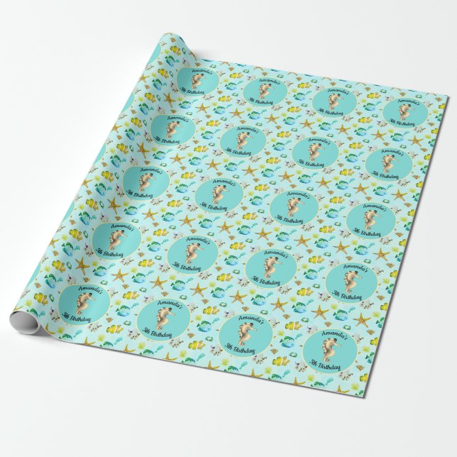 Under the Sea Watercolor Seahorse Personalised Wrapping Paper (Unrolled)