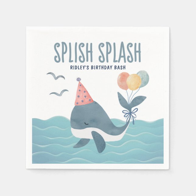 Under The Sea | Watercolor Whale Balloons Birthday Napkin (Front)