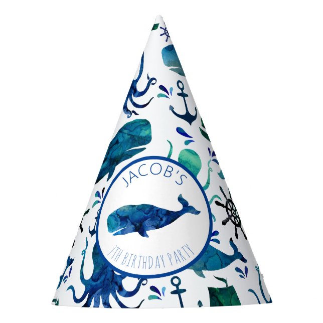Under The Sea Watercolor Whale Nautical Birthday Party Hat (Front)