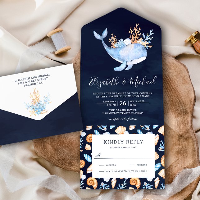 Under the Sea Whale Navy Blue Nautical Wedding All In One Invitation (Creator Uploaded)