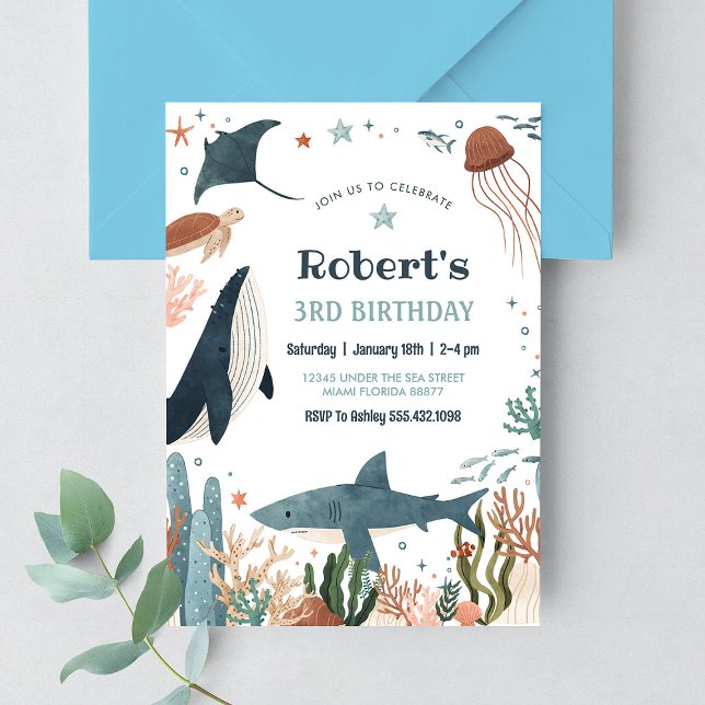 Under the Sea Whale Turtle Shark 1st Birthday Invitation (Creator Uploaded)