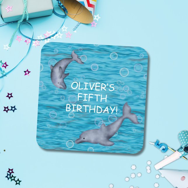 Under The Sea With Dolphins Birthday Party  Square Paper Coaster (Creator Uploaded)