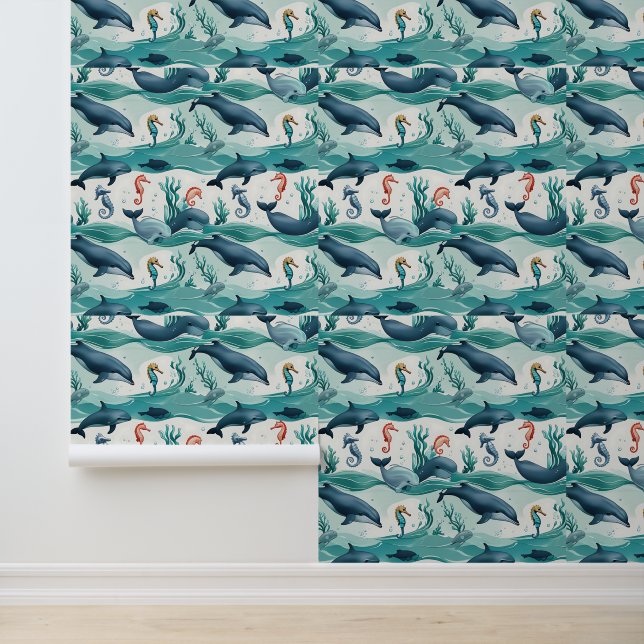 Under the Sea with Dolphins & Seahorses Removable Wallpaper (Application)