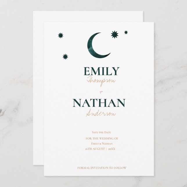 Under The Stars Green Moon Chic Typography Wedding Save The Date (Front/Back)