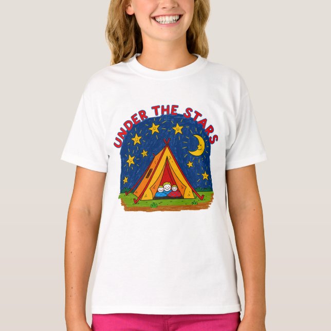 Under the Stars Kids Camping Drawing T-Shirt (Front)