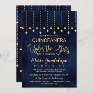 Under the Stars Navy Blue Gold Sparkle Quinceañera Invitation