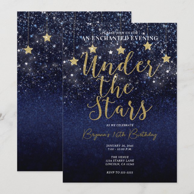 Under The Stars Starry Night Gold Blue Prom Party Invitation (Front/Back)