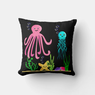 Under the Waves Sea Creatures Black Cushion
