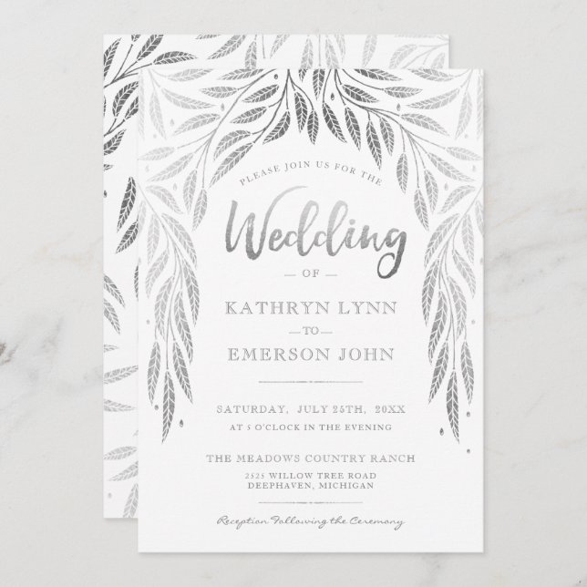 Under the Willows Wedding Invitation Faux Silver (Front/Back)