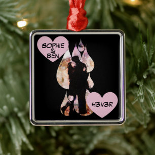 Under Umbrella: Romantic Couple Kissing in Rain Metal Tree Decoration
