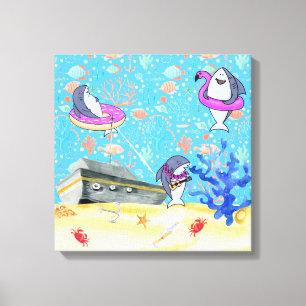 Under Water Deep Sea Shark Party Time Kids Room Canvas Print