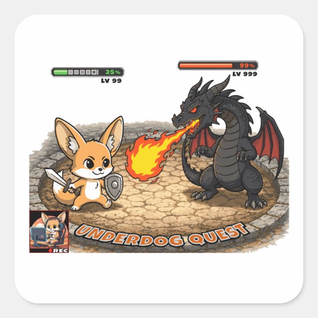 Underdog Quest Fennec Fox RPG Battle Dragon Chibi Square Sticker (Front)