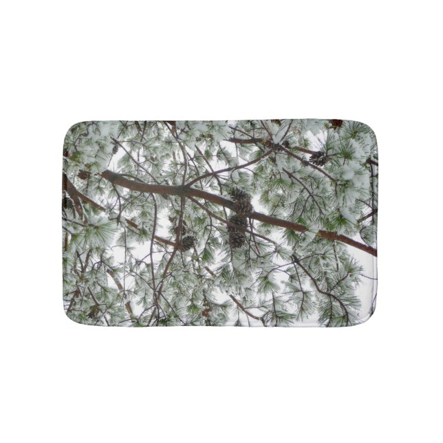 Underneath the Snow Covered Pine Tree Winter Photo Bath Mat (Front)